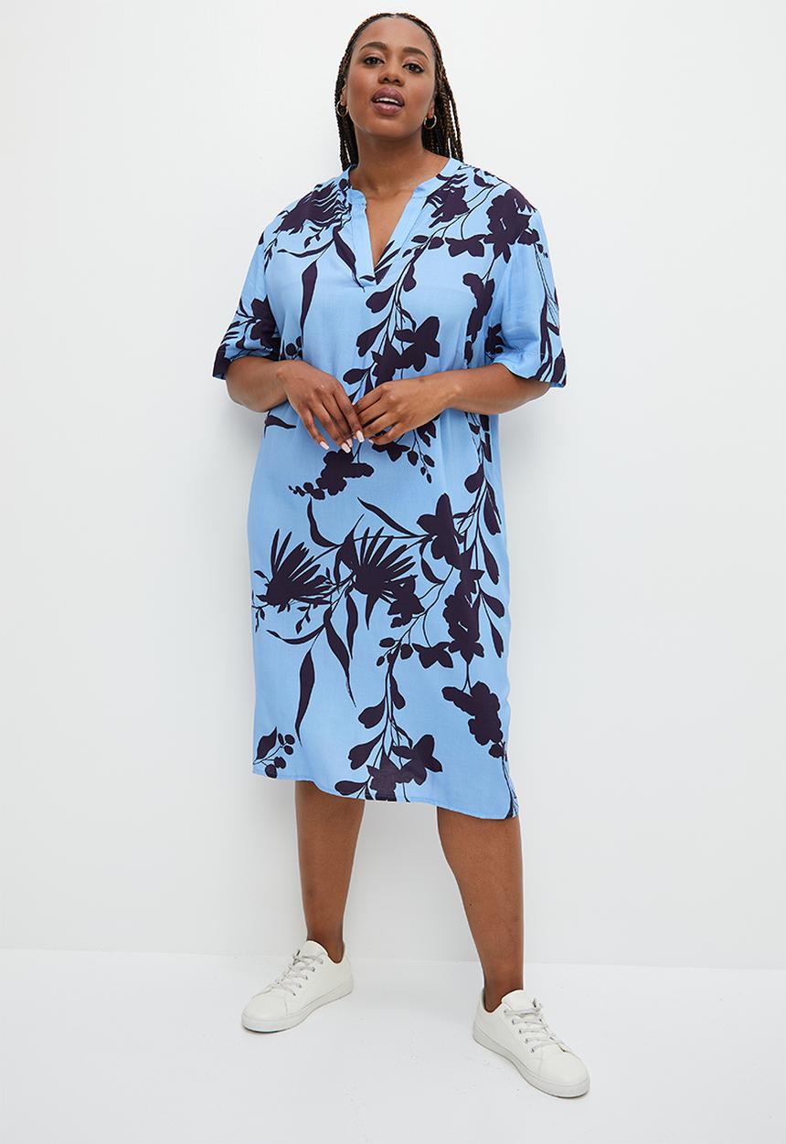 edit Plus - Mandarin collar tunic - blues sillhouette floral
