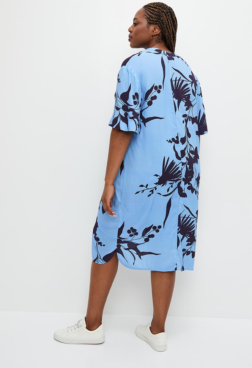 edit Plus - Mandarin collar tunic - blues sillhouette floral