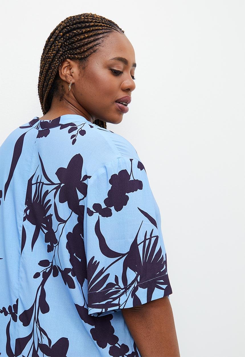 edit Plus - Mandarin collar tunic - blues sillhouette floral