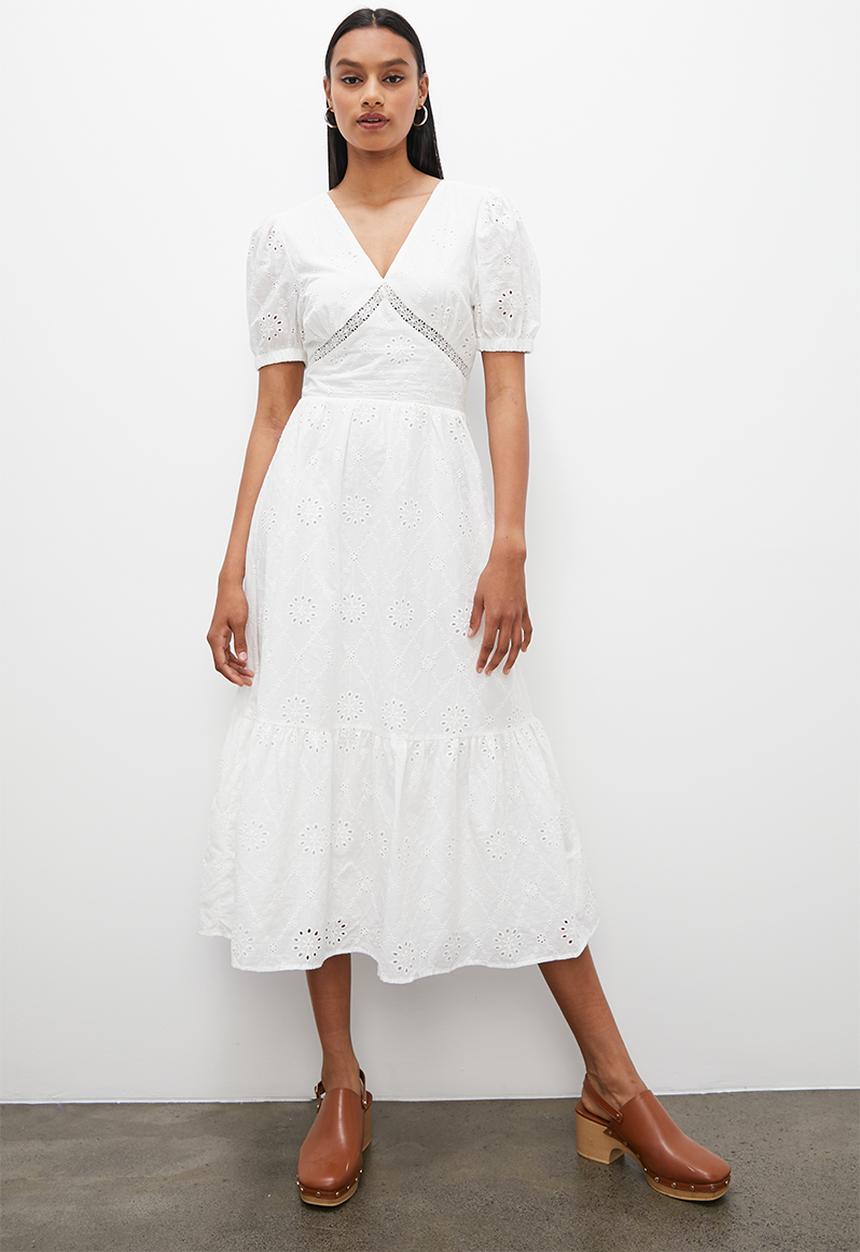 Superbalist - Puff sleeve anglaise tierred midi - white