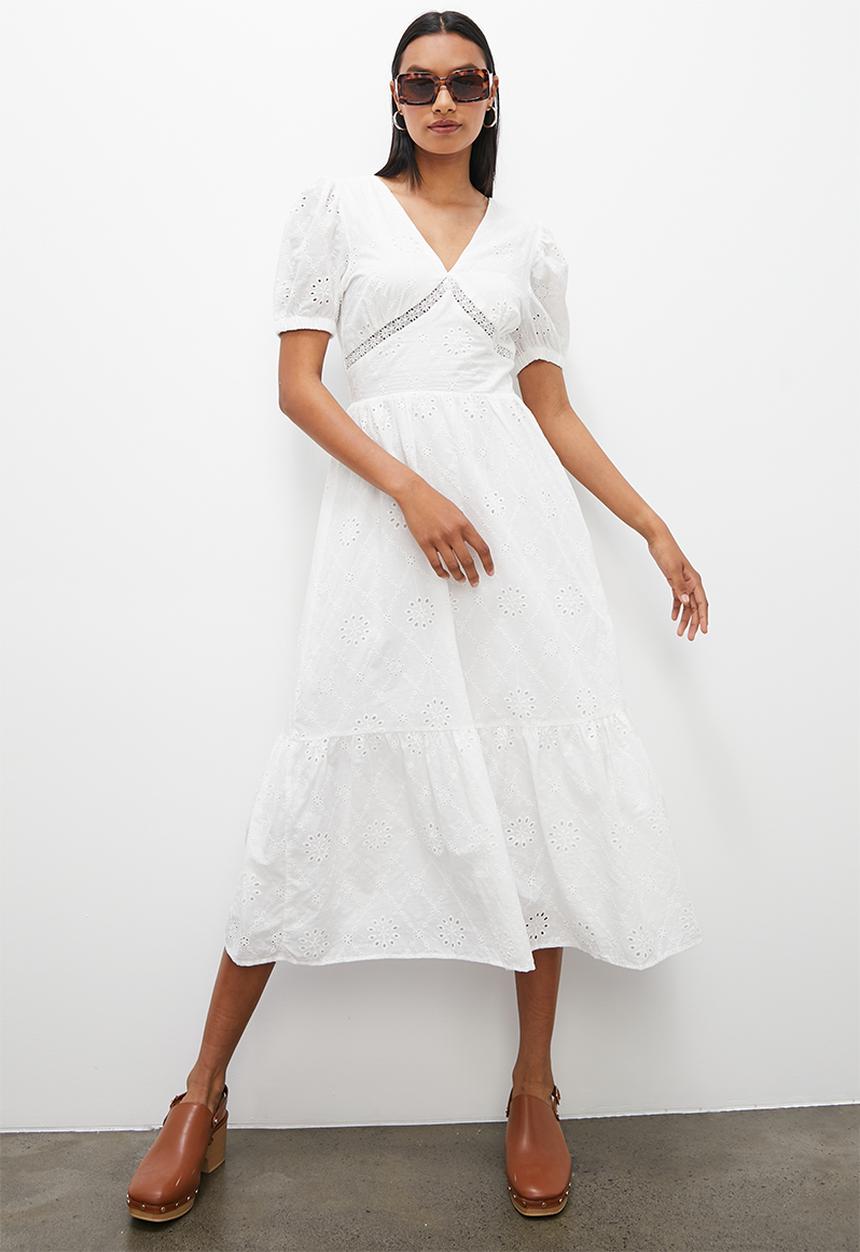 Superbalist - Puff sleeve anglaise tierred midi - white