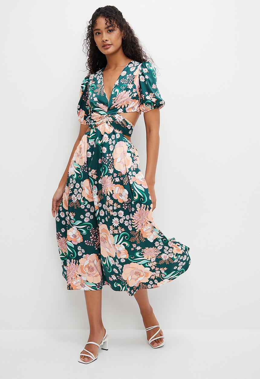 MILLA - Printed satin wrapover midi dress - emerald bloom