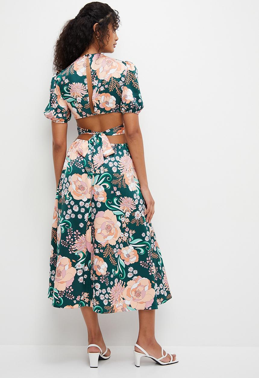 MILLA - Printed satin wrapover midi dress - emerald bloom
