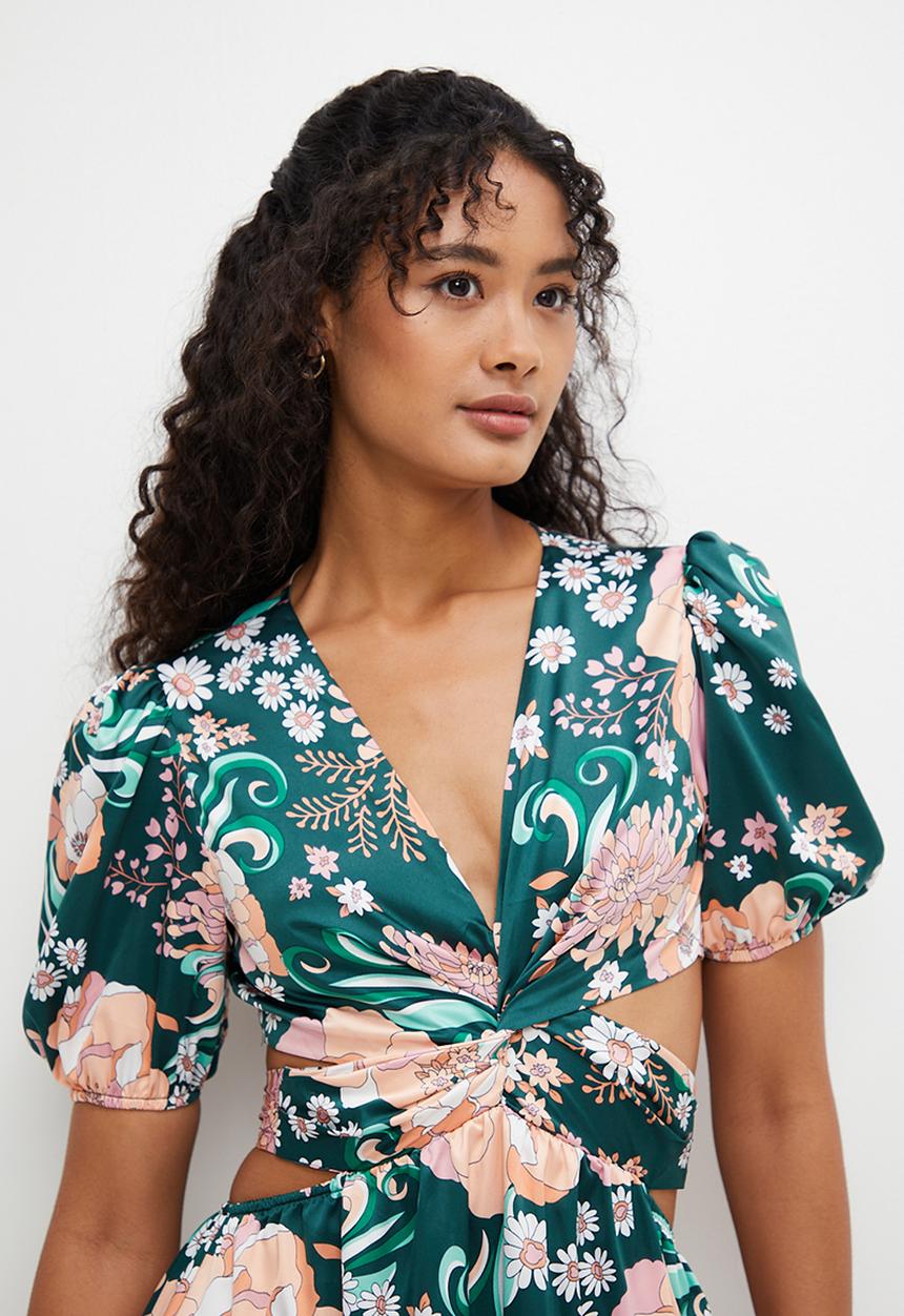 MILLA - Printed satin wrapover midi dress - emerald bloom
