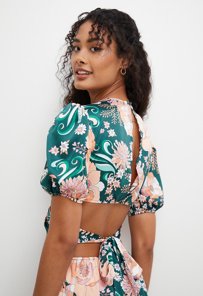 MILLA - Printed satin wrapover midi dress - emerald bloom