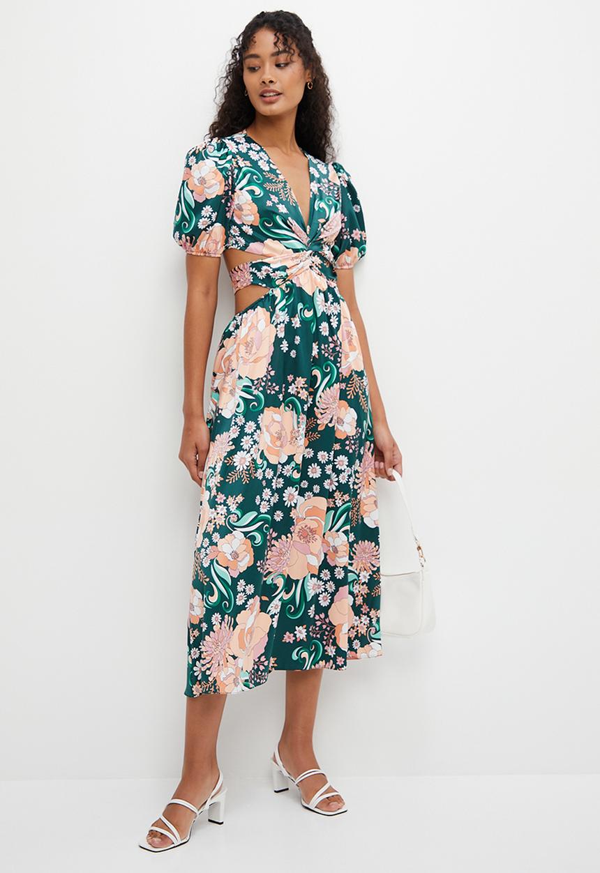 MILLA - Printed satin wrapover midi dress - emerald bloom