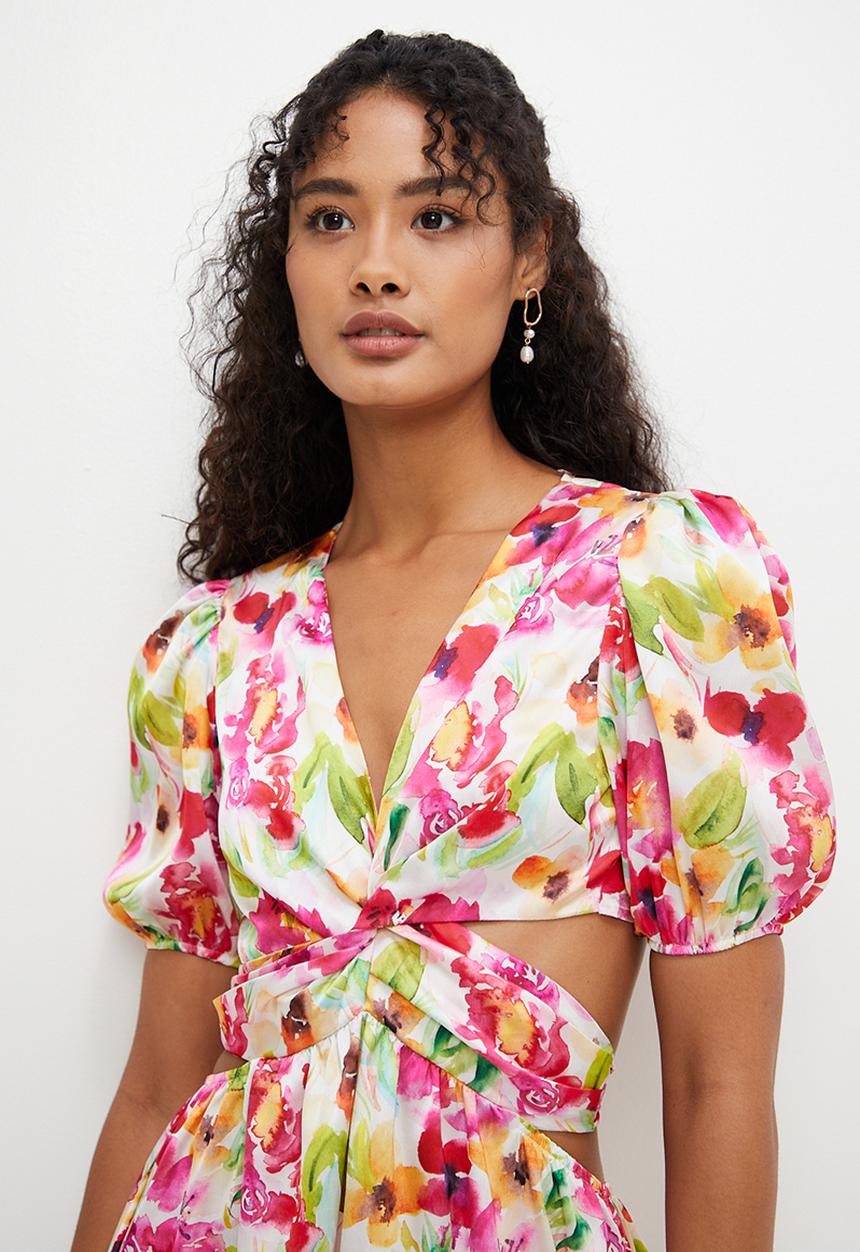 MILLA - Printed satin wrapover midi dress - bloom floral