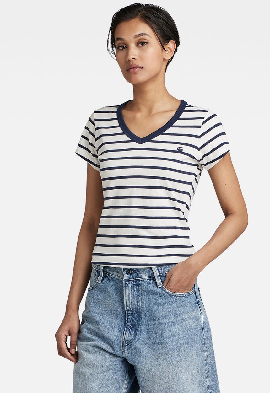 G-STAR - Eyben stripe slim short sleeve v t - milk/sartho blue stripe