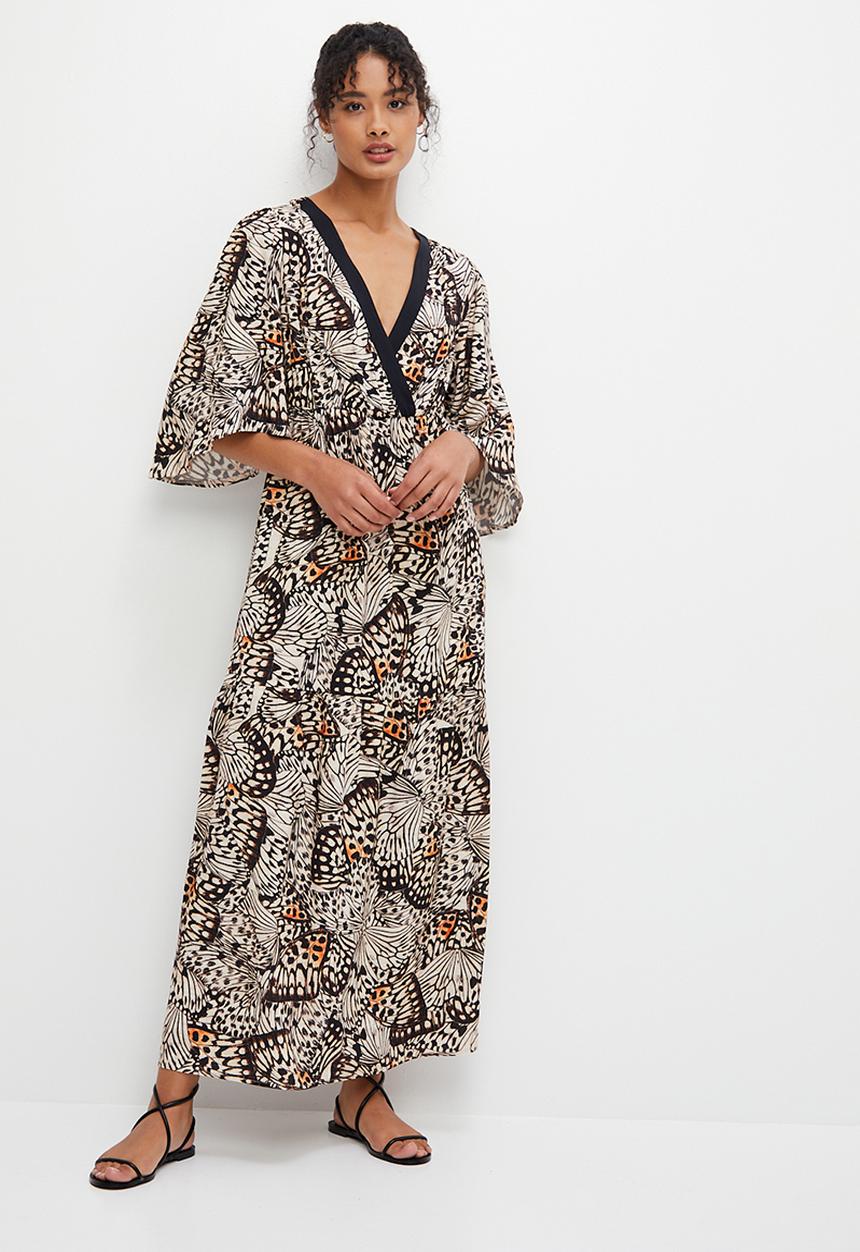 edit - Mock wrap flare sleeve border maxi - black & neutral
