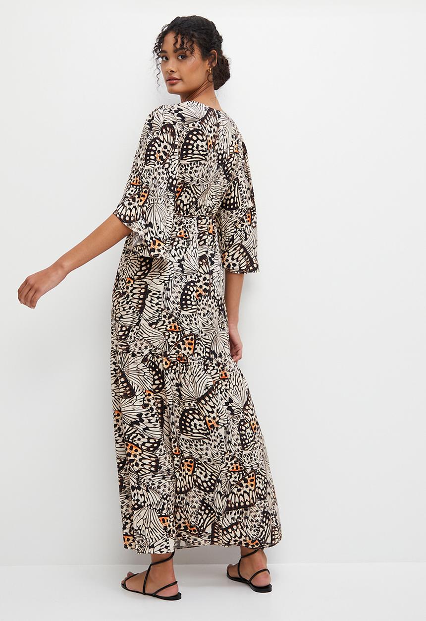 edit - Mock wrap flare sleeve border maxi - black & neutral