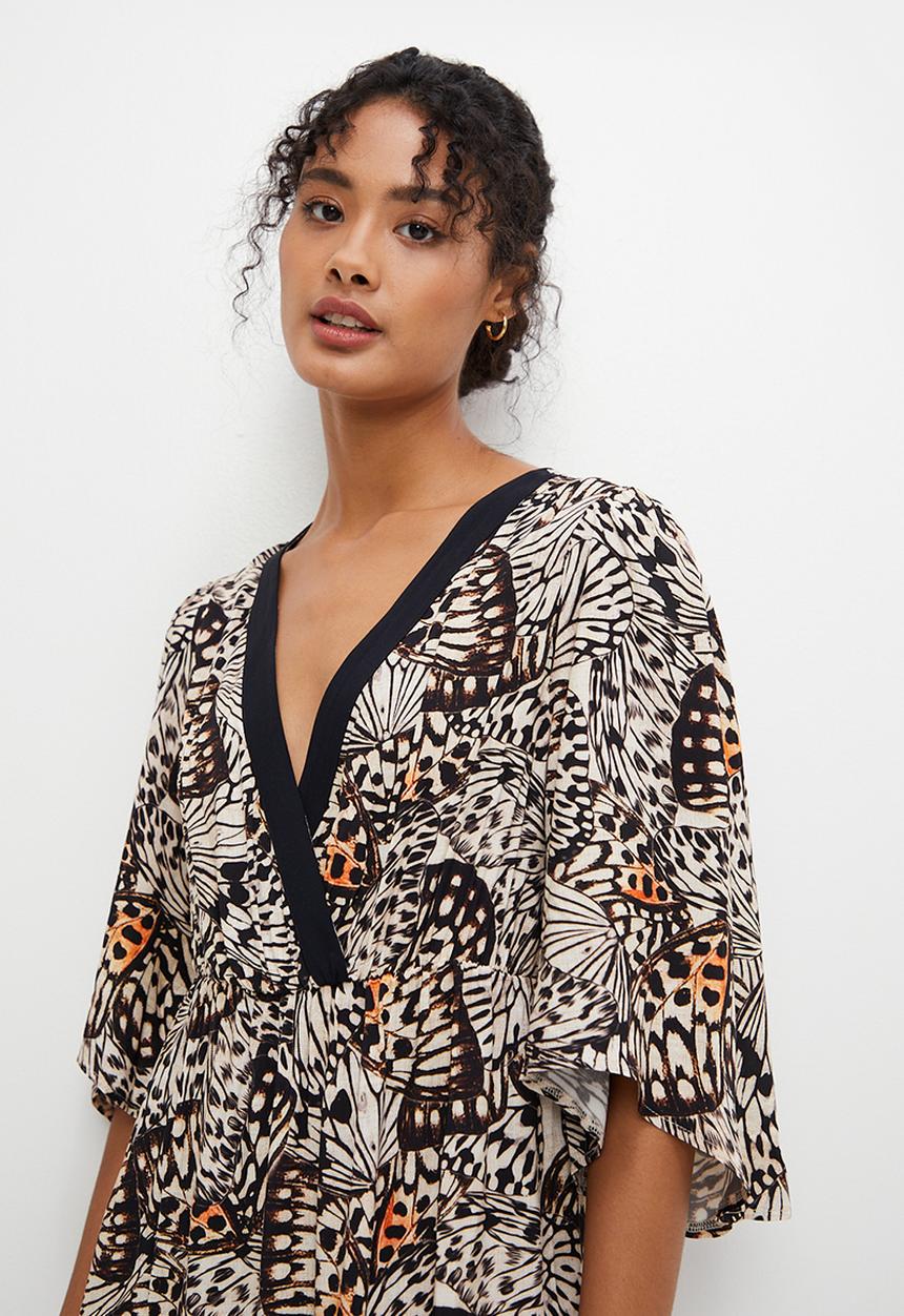 edit - Mock wrap flare sleeve border maxi - black & neutral