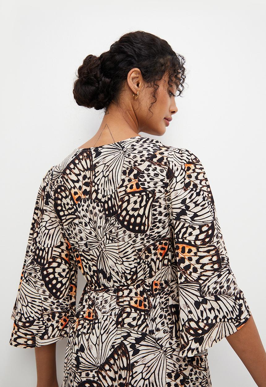 edit - Mock wrap flare sleeve border maxi - black & neutral
