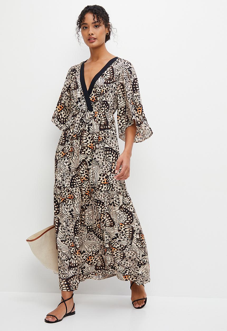 edit - Mock wrap flare sleeve border maxi - black & neutral