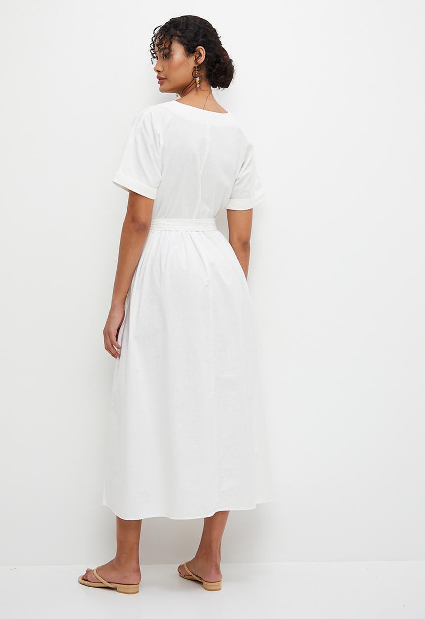 edit - V-neck pocket detail fit & flare midi - cream