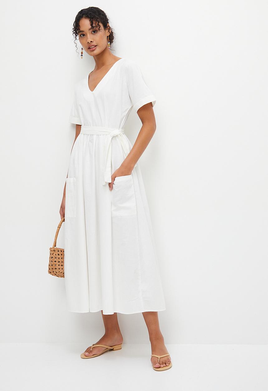 edit - V-neck pocket detail fit & flare midi - cream
