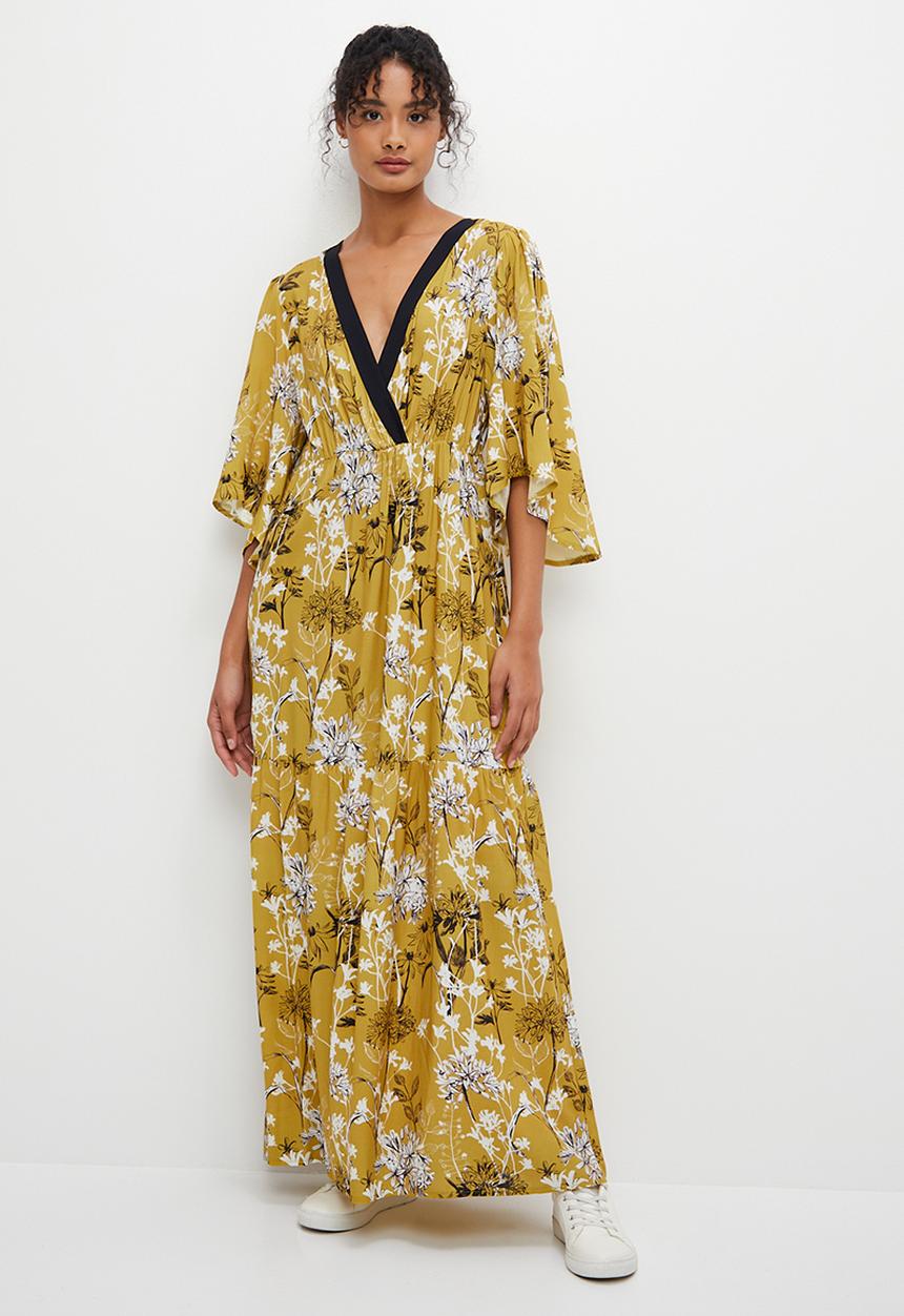 edit - Mock wrap flare sleeve border maxi - mustard 