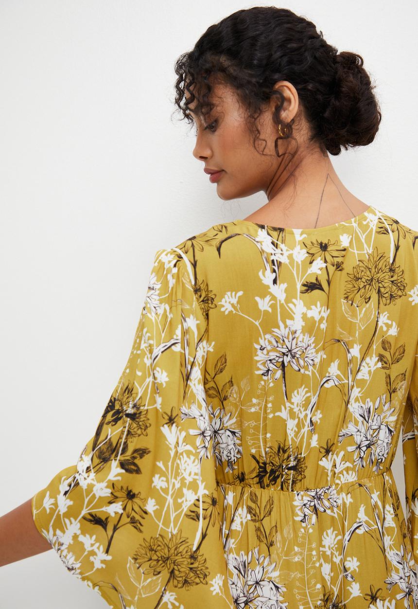 edit - Mock wrap flare sleeve border maxi - mustard 
