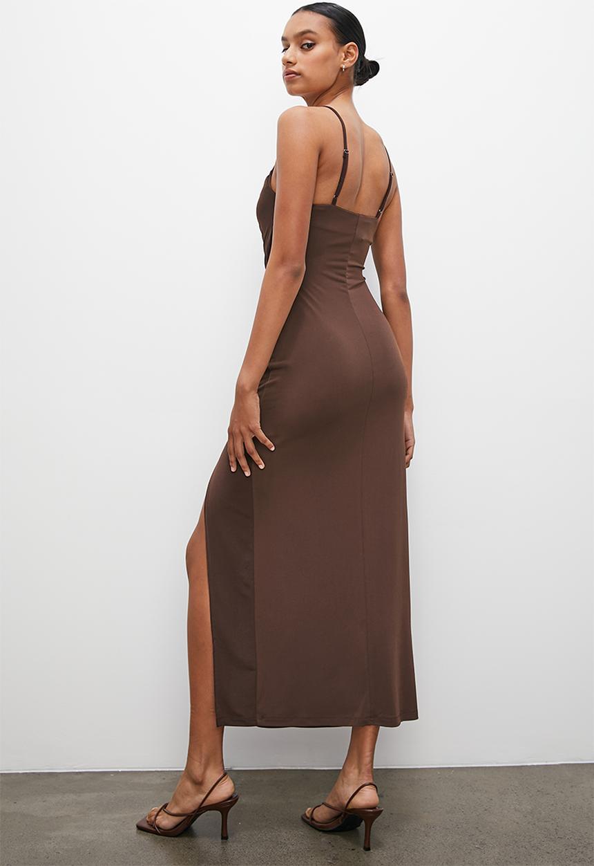 VELVET - Midi cowl neck dress with drape detail - choc