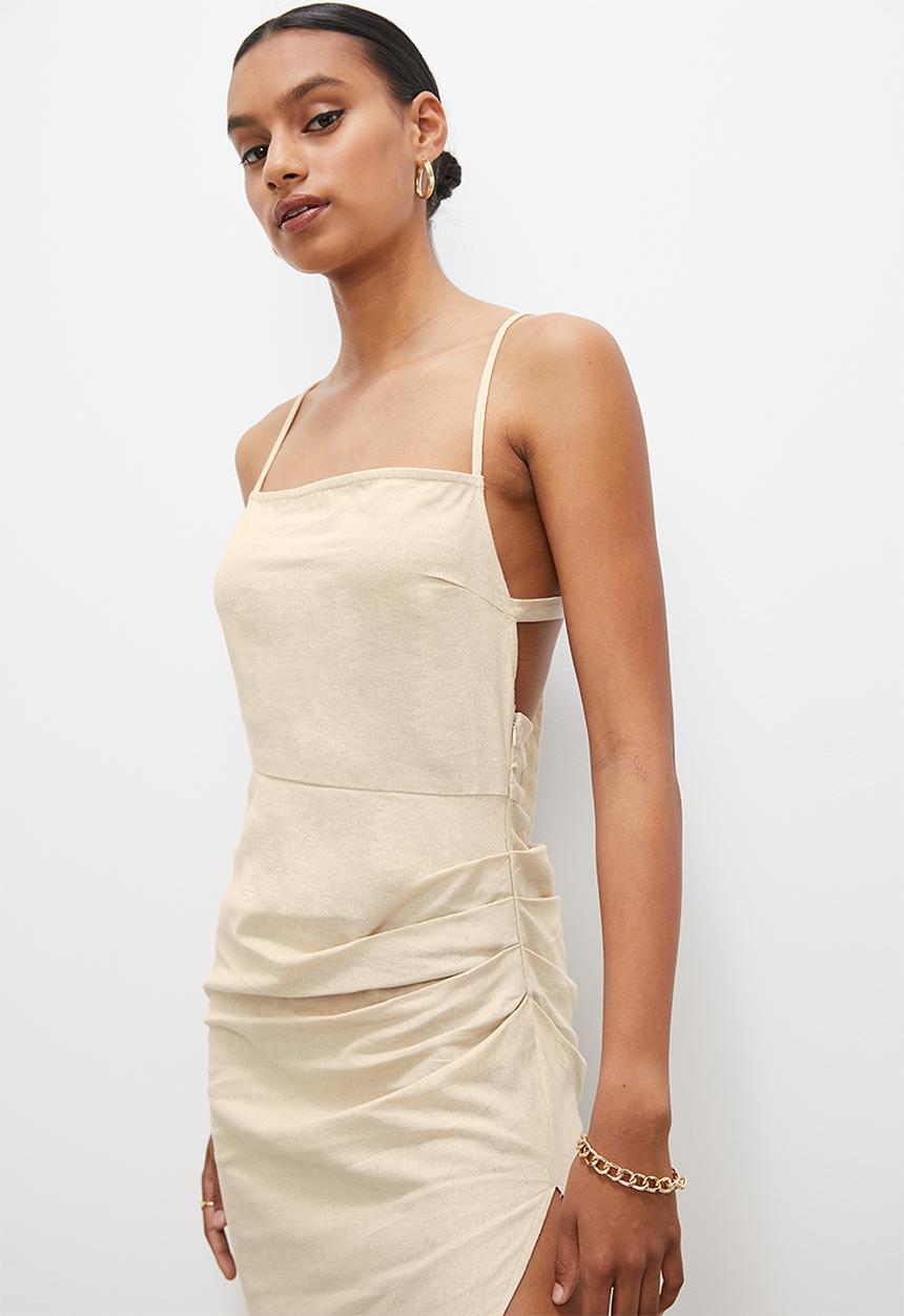 VELVET - Open back gathered linen blend midi - neutral