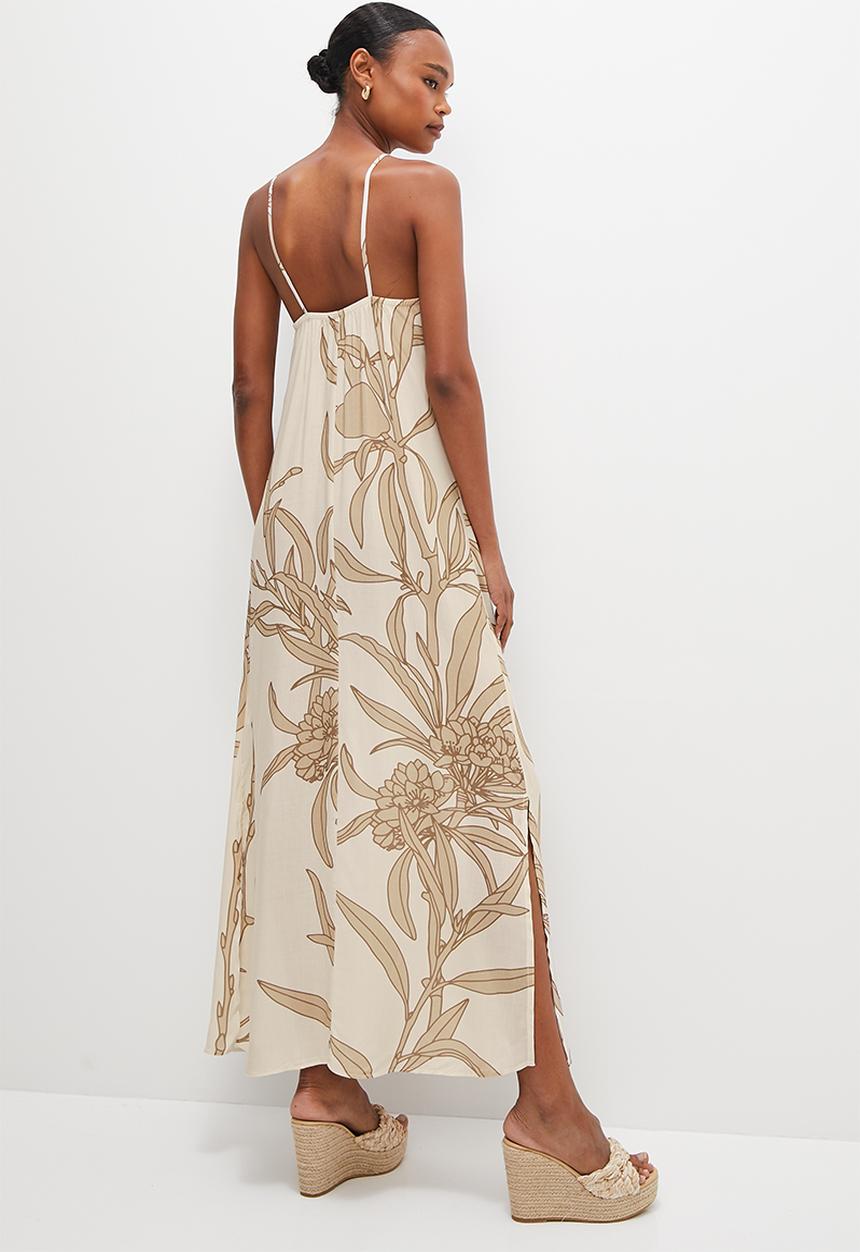 edit - Ruched neck maxi - neutrals leaf print