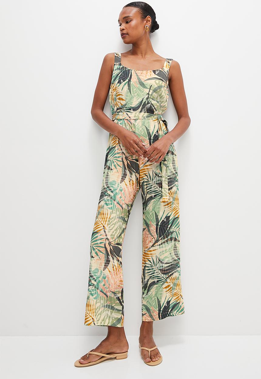 edit - Built up belted wide leg jumpsuit - multi foliage
