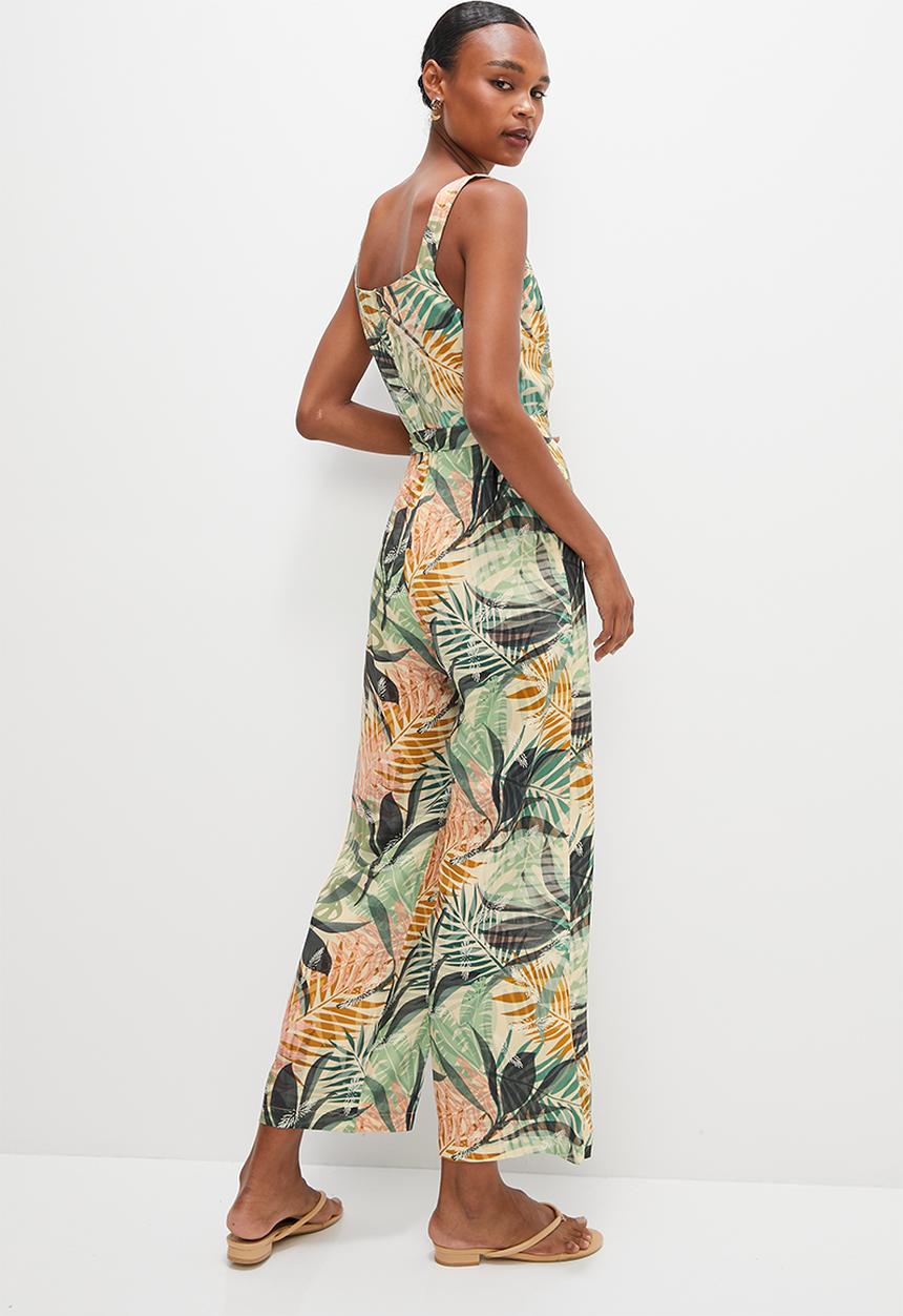 edit - Built up belted wide leg jumpsuit - multi foliage