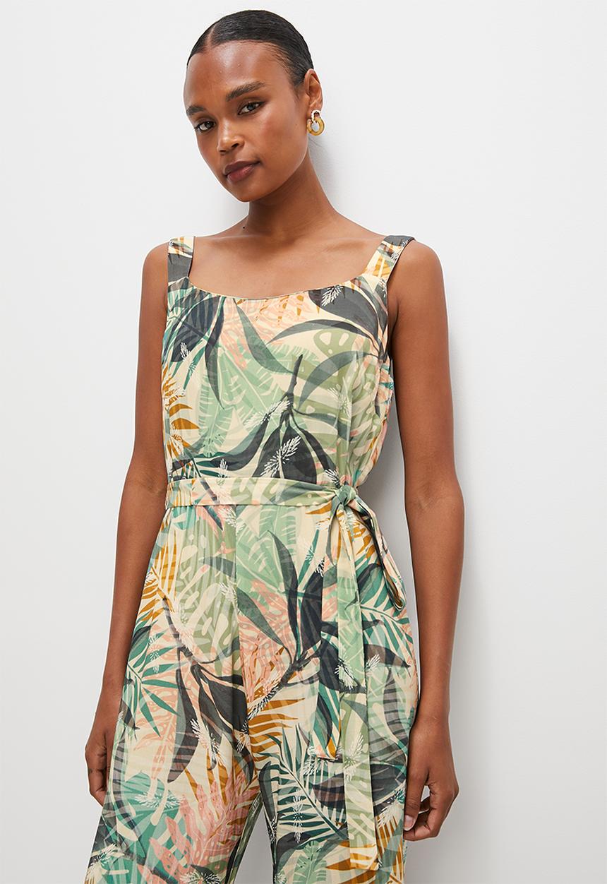 edit - Built up belted wide leg jumpsuit - multi foliage