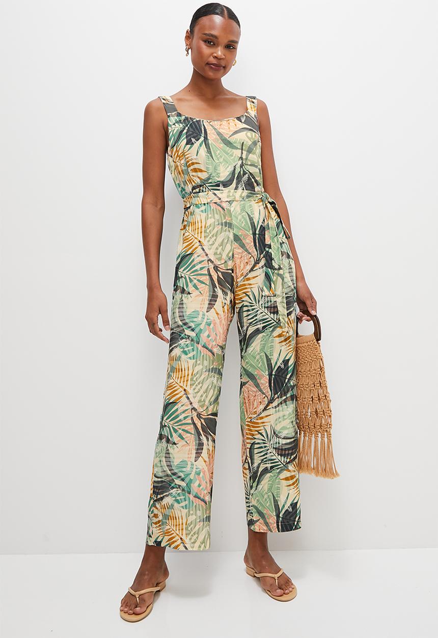 edit - Built up belted wide leg jumpsuit - multi foliage
