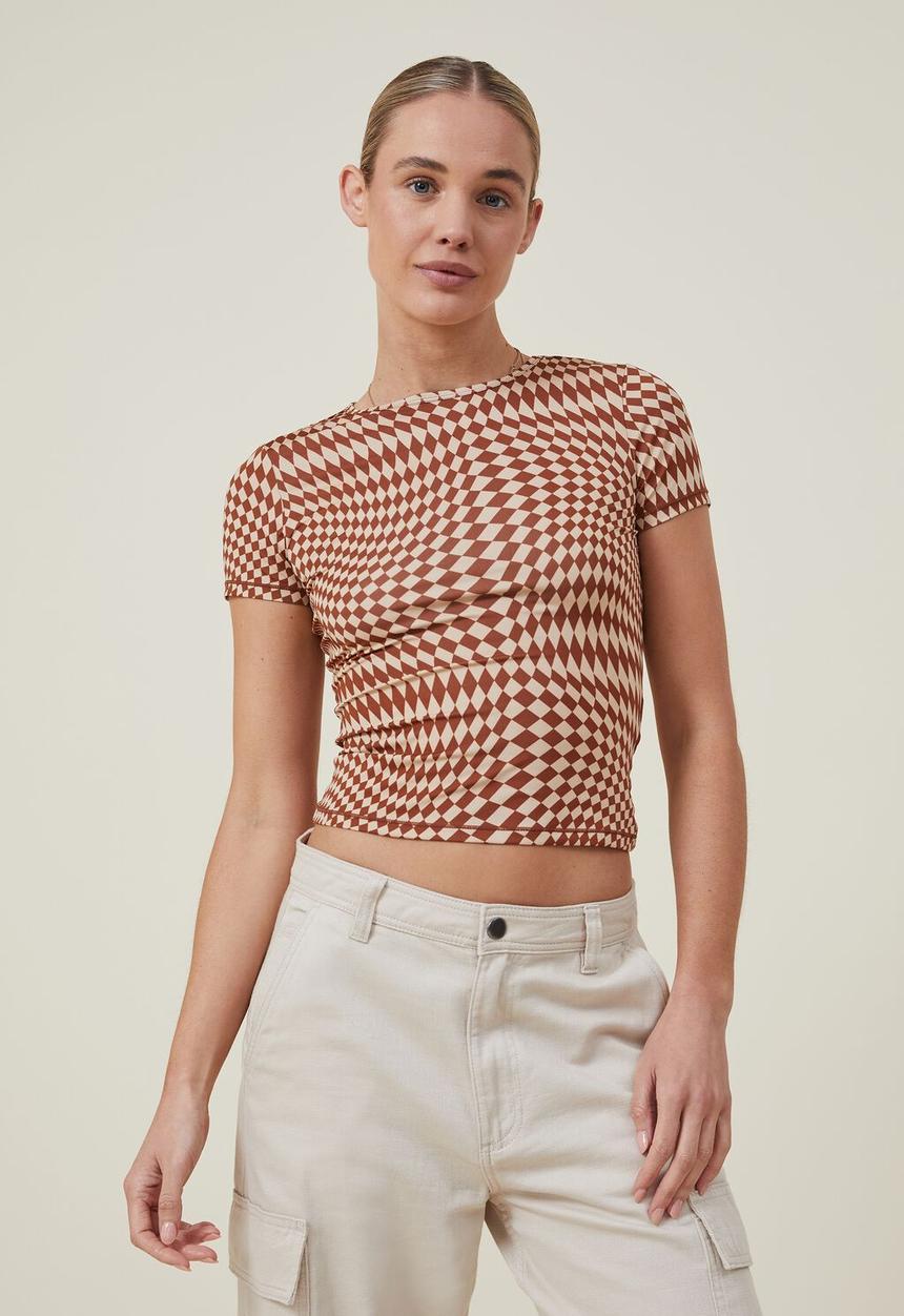 Cotton On - Drew crew neck short sleeve top - zoe warped checkerboard soft brown/ sandy bro