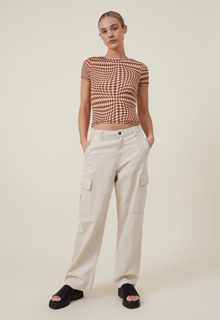Cotton On - Drew crew neck short sleeve top - zoe warped checkerboard soft brown/ sandy bro