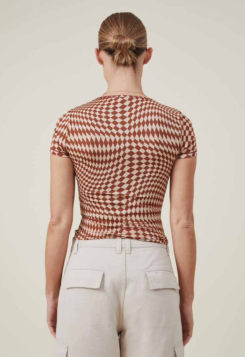 Cotton On - Drew crew neck short sleeve top - zoe warped checkerboard soft brown/ sandy bro