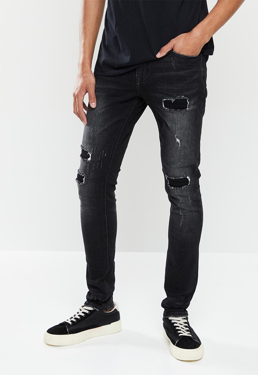 Cutty - Mens skinny fit rip and repair denim jean - black