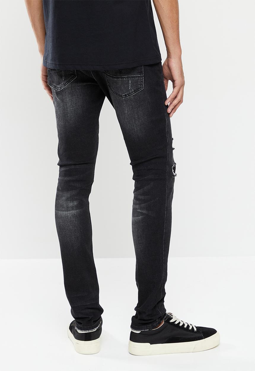 Cutty - Mens skinny fit rip and repair denim jean - black