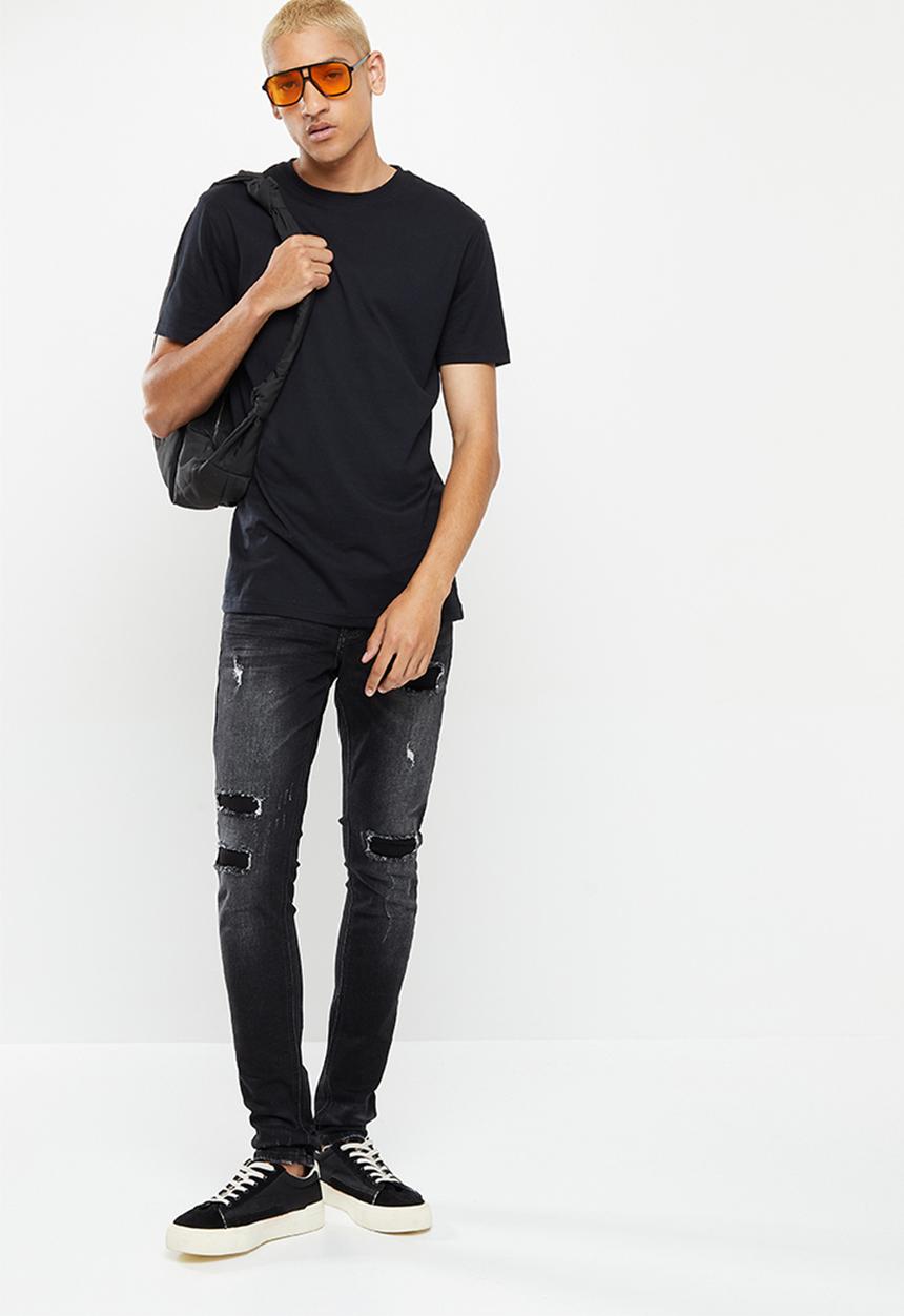 Cutty - Mens skinny fit rip and repair denim jean - black