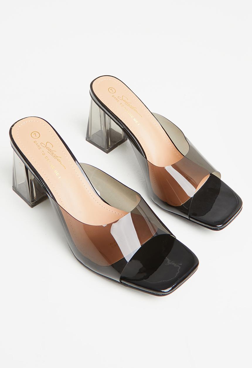 Seduction - Barely there square toe block heel mule - black