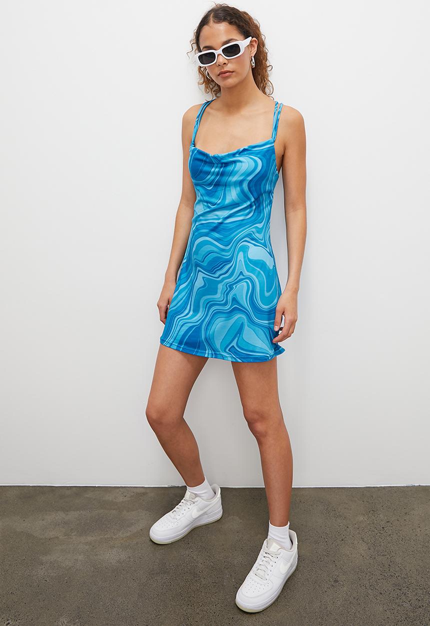Blake - Printed knitted cowl mini dress - blue swirl 