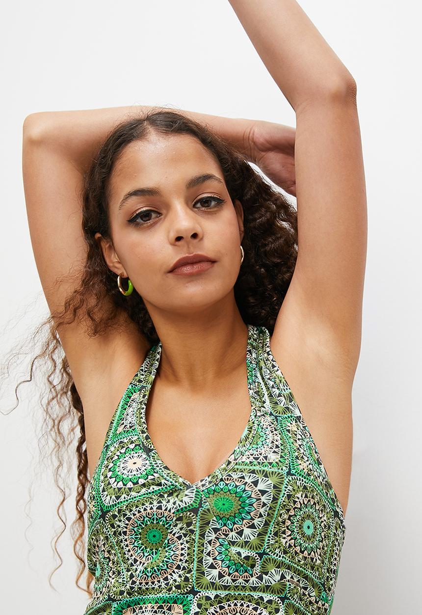 Blake - Halter top - green crochet print