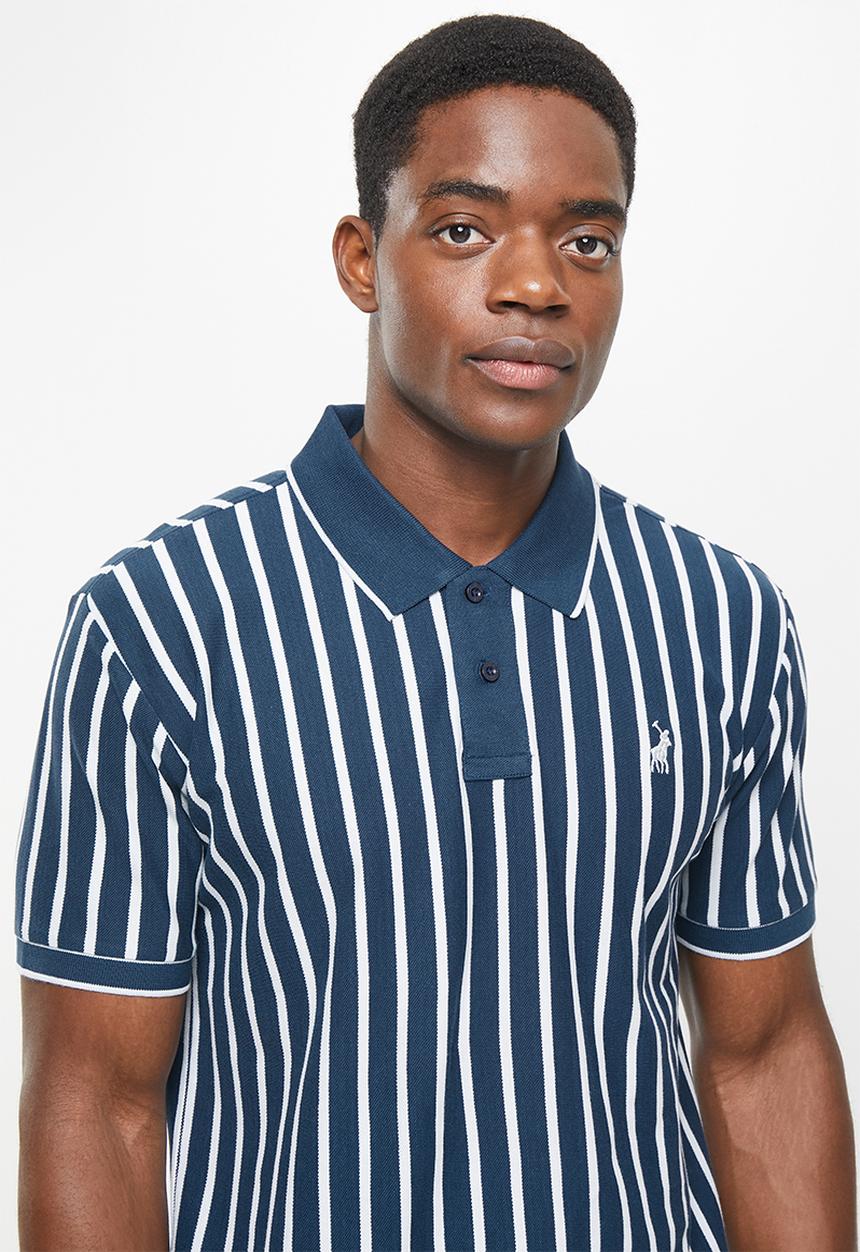 POLO - Men stripe pique golfer - navy & white 