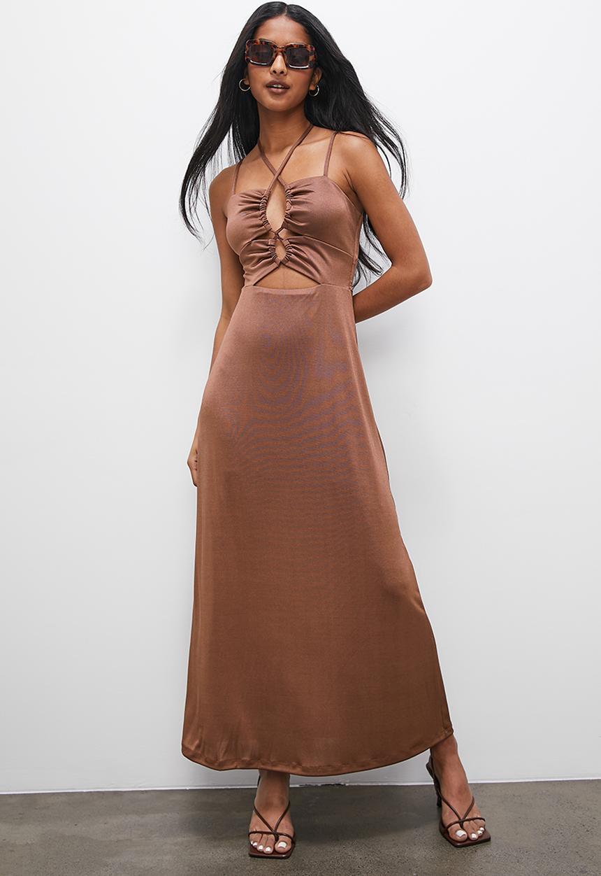 VELVET - Strappy cut out bijou knit maxi dress - mocca