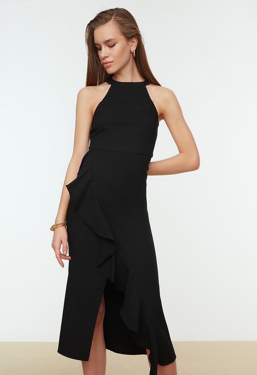 Trendyol - Halter neck flywheel hem dress - black