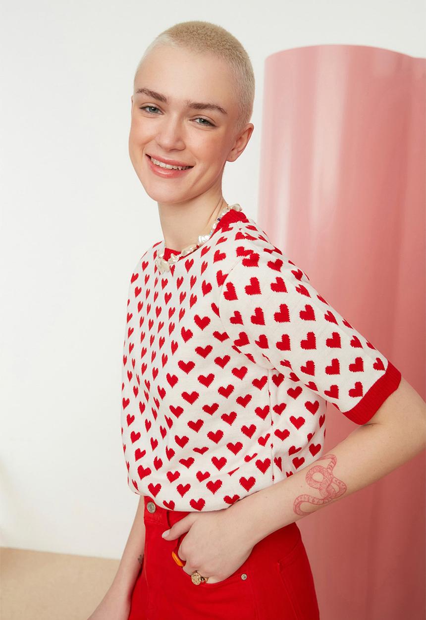 Trendyol - Heart print knit top  - red