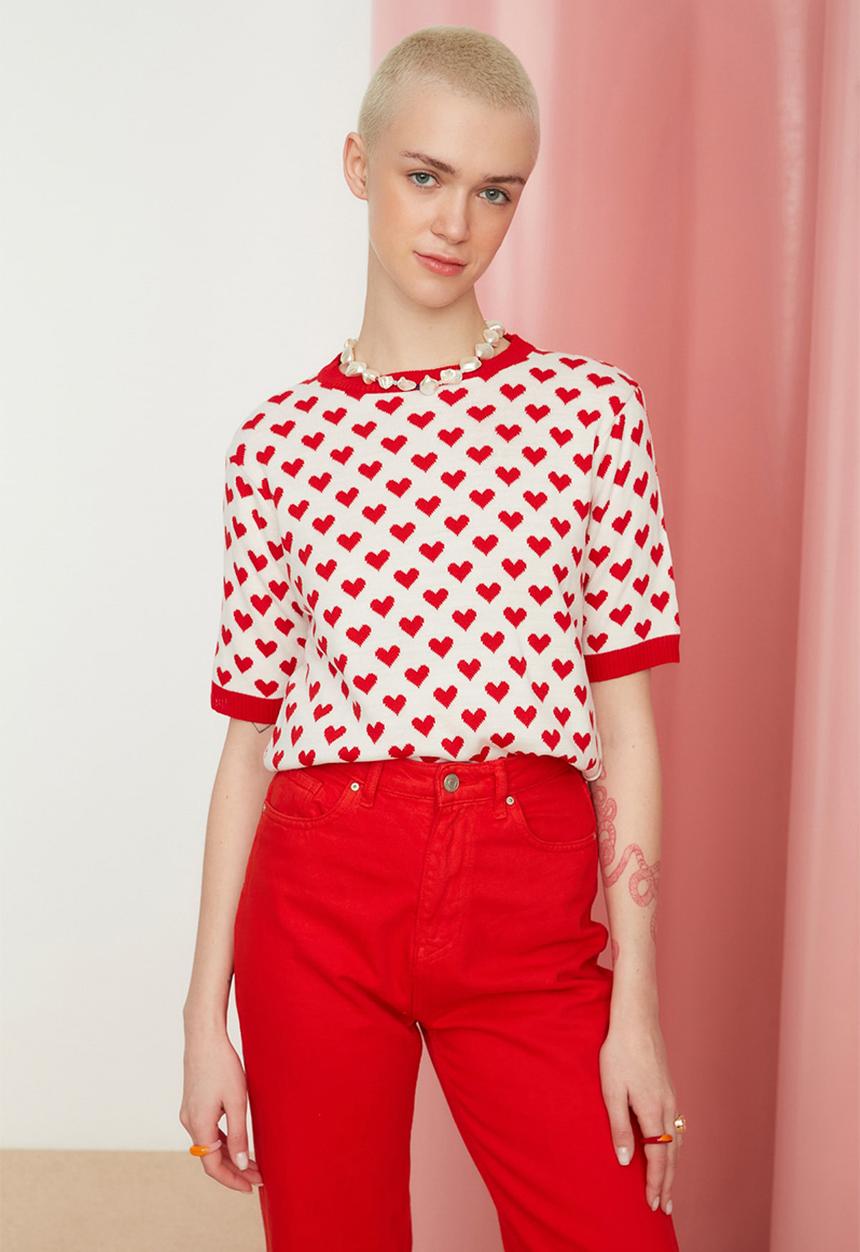 Trendyol - Heart print knit top  - red