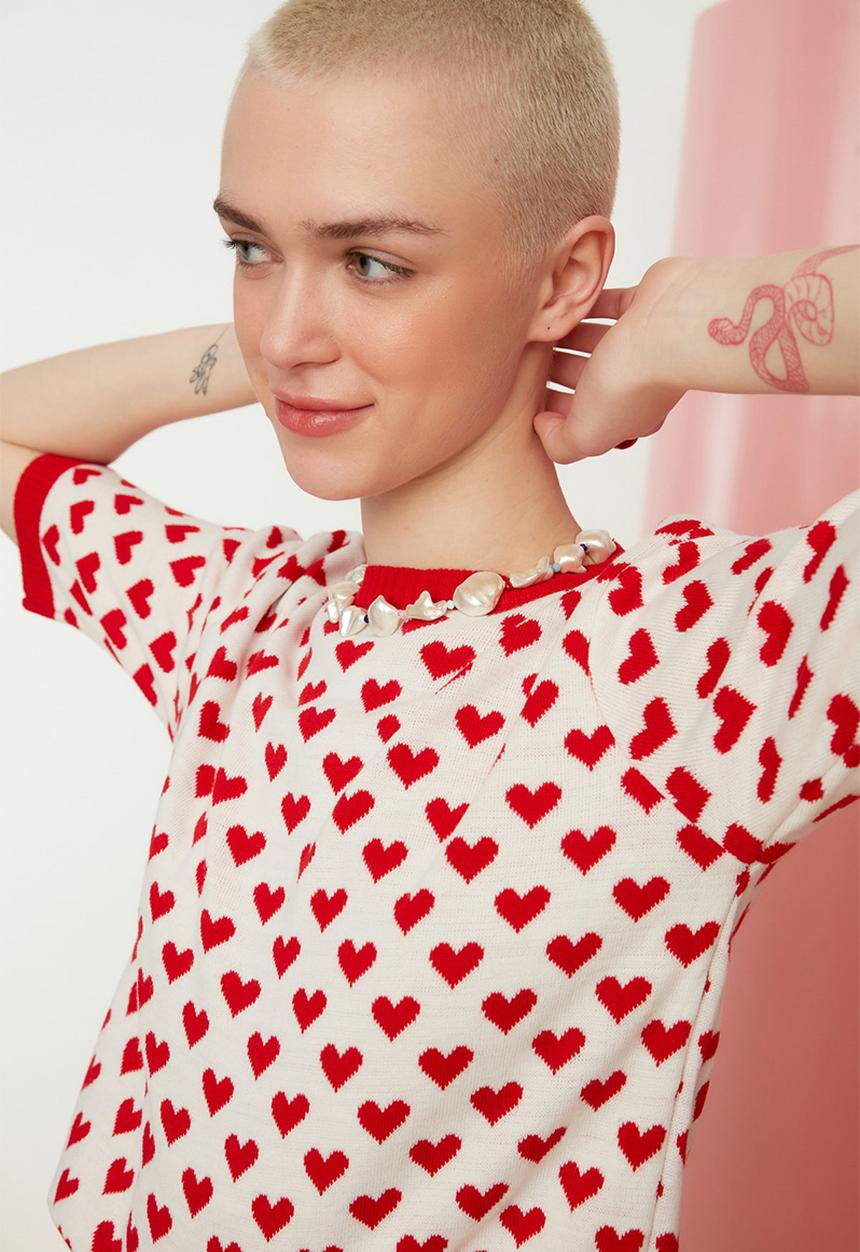 Trendyol - Heart print knit top  - red