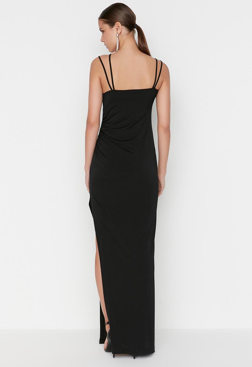 Trendyol - Asymmetrical strap thigh split dress - black