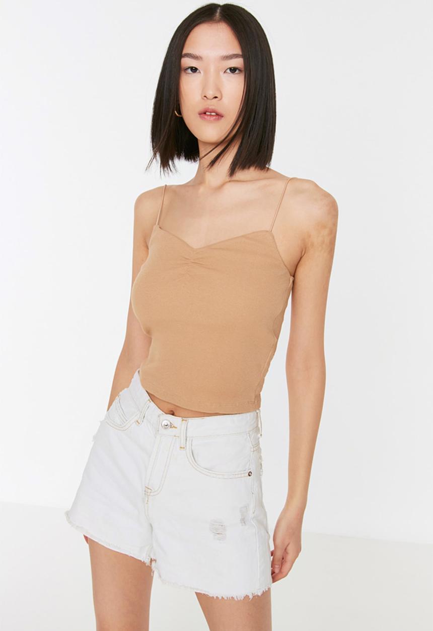 Trendyol - Thin strap ribbed top - camel