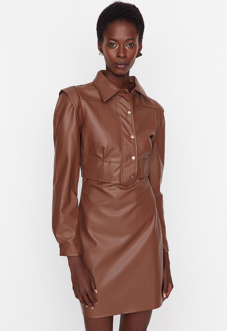 Trendyol - Faux leather fitted mini dress - brown