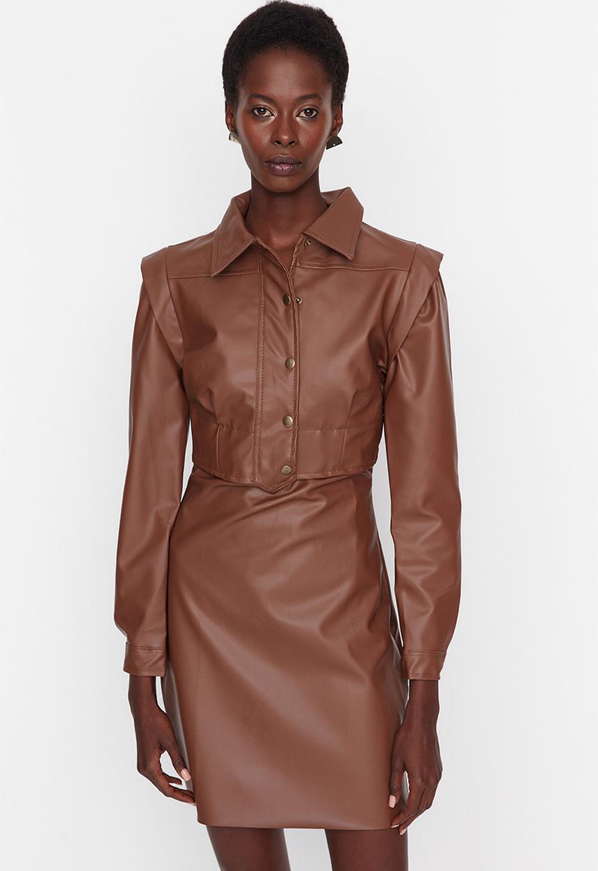 Trendyol - Faux leather fitted mini dress - brown