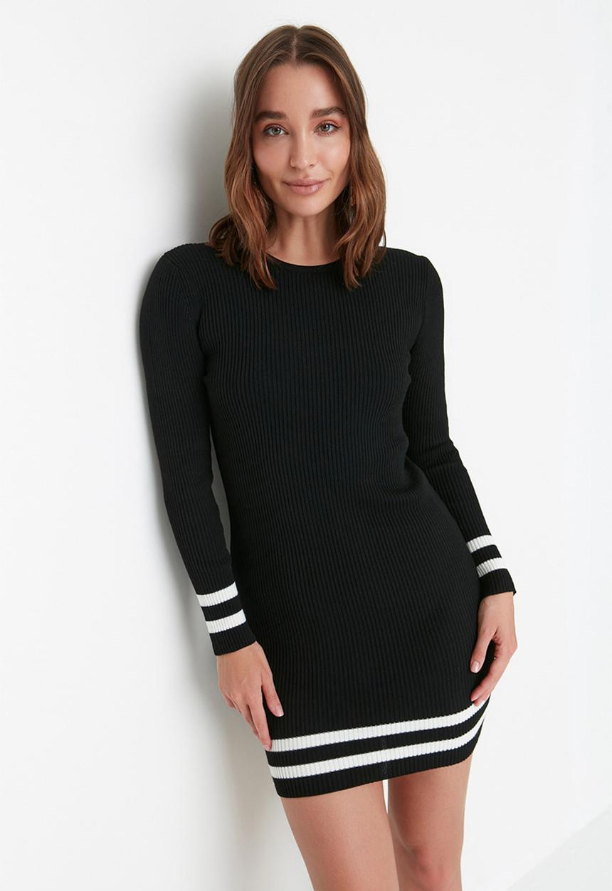 Trendyol - Striped hem knit mini dress - black