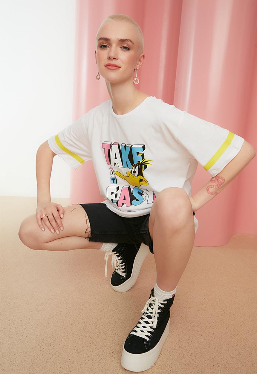 Trendyol - Ducky duck printed boyfriend t-shirt - white