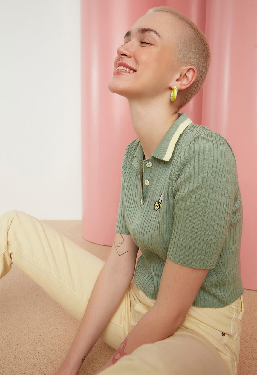 Trendyol - Embroidered polo knit top - mint